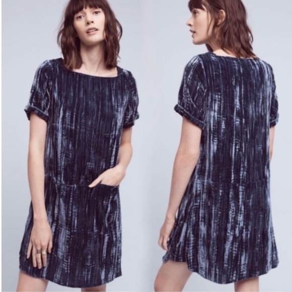 EUC Floreat {Anthro} Crushed Dark Blue Velvet Mini Shift Dress + Pockets | Small - Picture 12 of 13
